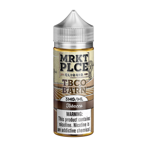 MRKTPLCE TBCO BARN Tobacco 100mL bottle featuring savory and sweet traditional western-style tobacco flavor.