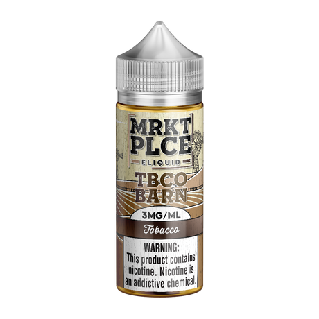 MRKTPLCE TBCO BARN Tobacco 100mL bottle featuring savory and sweet traditional western-style tobacco flavor.