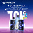 Lost Mary Nera Fullview vape devices on a gradient blue to purple background with product features listed.