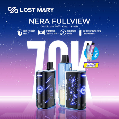 Lost Mary Nera Fullview vape devices on a gradient blue to purple background with product features listed.