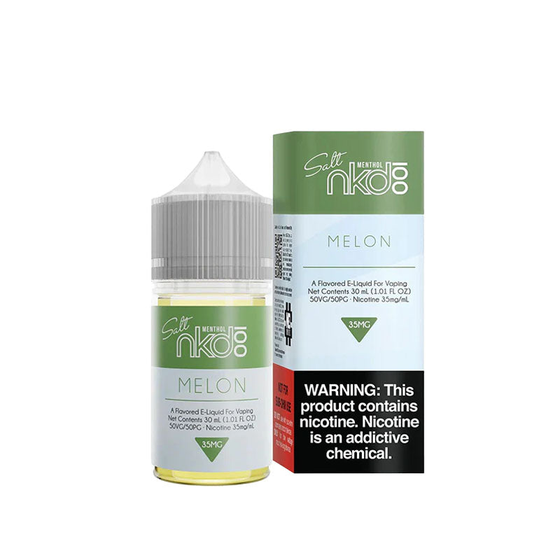 Melon Menthol Salt E-Liquid by Naked 100 - 30mL bottle featuring kiwi, pineapple, and honeydew flavors with a menthol finish, available in 35mg and 50mg nicotine strengths.