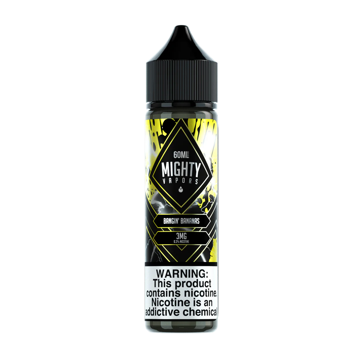 Mighty Vapors Bangin Bananas e-liquid 60mL bottle with creamy banana pudding, vanilla, wafers, and whipped cream flavors.