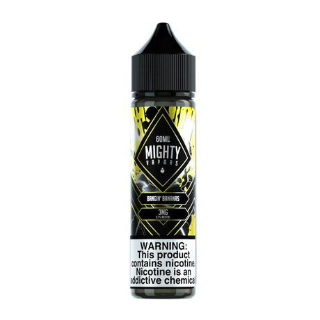 Mighty Vapors Bangin Bananas e-liquid 60mL bottle with creamy banana pudding, vanilla, wafers, and whipped cream flavors.