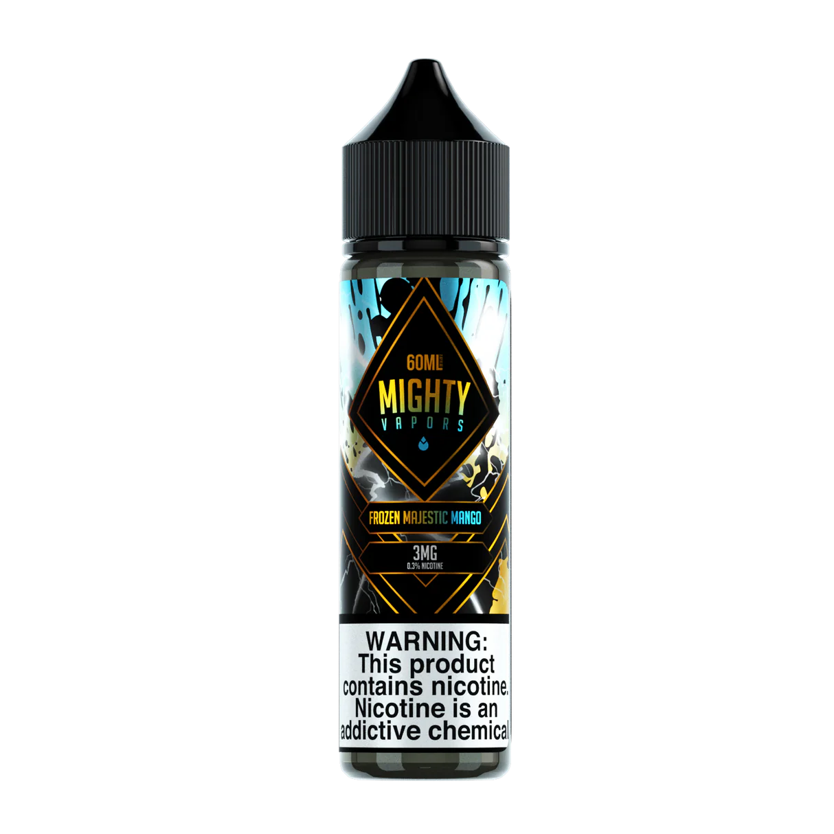 60mL bottle of Mighty Vapors Frozen Majestic Mango e-liquid with sweet tropical mango and menthol flavors.