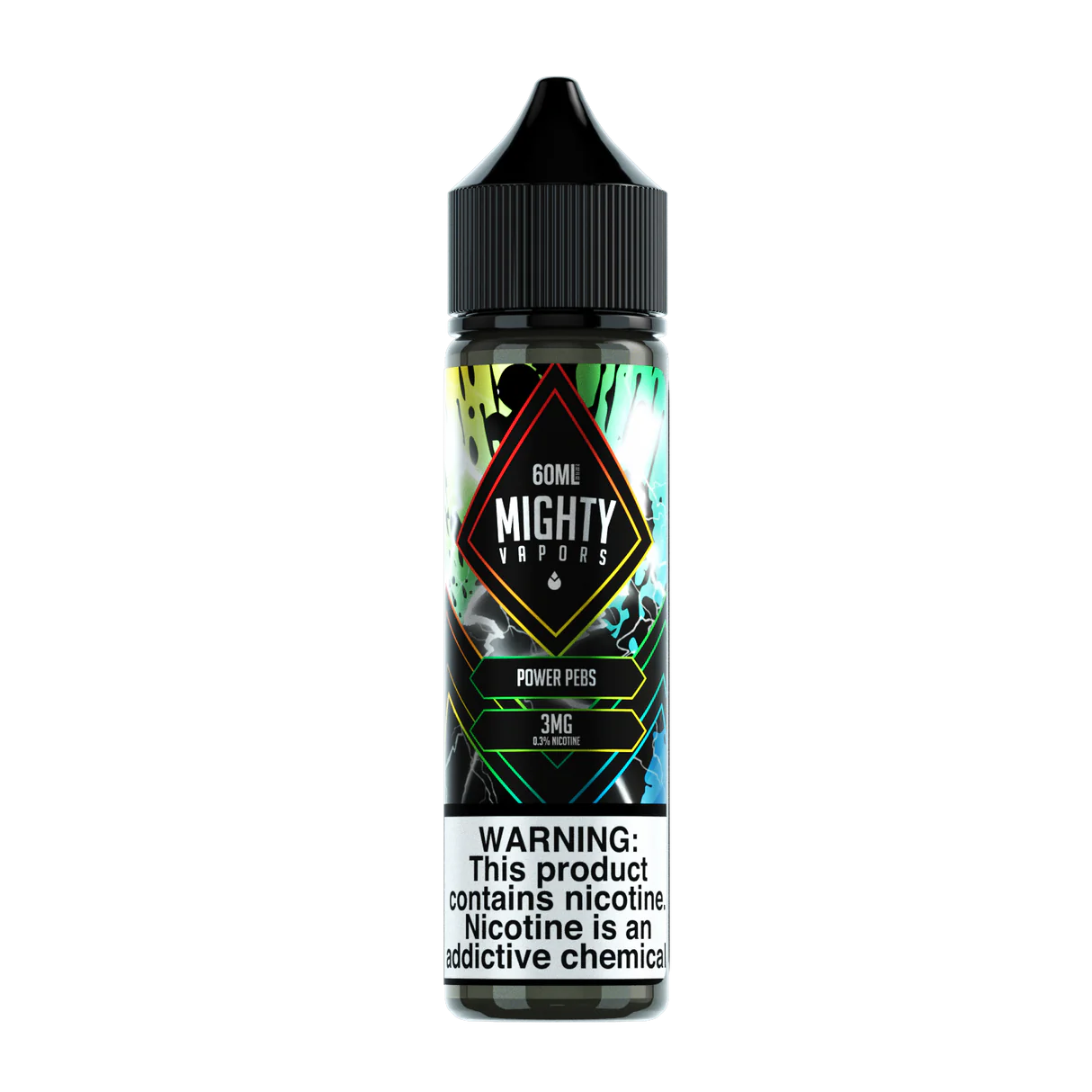 Mighty Vapors Power Pebs e-liquid 60mL bottle featuring creamy vanilla and fruity rainbow cereal flavors.