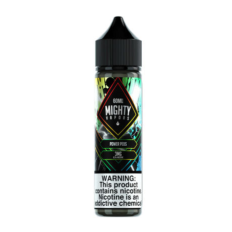 Mighty Vapors Power Pebs e-liquid 60mL bottle featuring creamy vanilla and fruity rainbow cereal flavors.