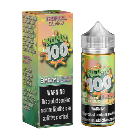 100mL NOMS 100 Tropical Gummy E-Liquid bottle featuring mango, peach, and pineapple fruit candy blend.