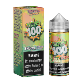 100mL NOMS 100 Tropical Gummy E-Liquid bottle featuring mango, peach, and pineapple fruit candy blend.