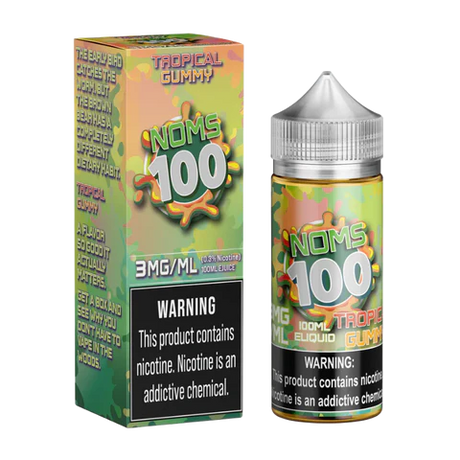 100mL NOMS 100 Tropical Gummy E-Liquid bottle featuring mango, peach, and pineapple fruit candy blend.