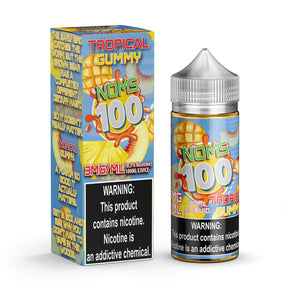100mL NOMS 100 Tropical Gummy E-Liquid bottle featuring mango, peach, and pineapple fruit candy blend.