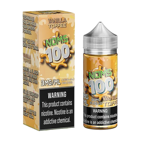 100mL bottle of NOMS 100 Vanilla Toffee E-Liquid with creamy vanilla and caramel dessert flavor.