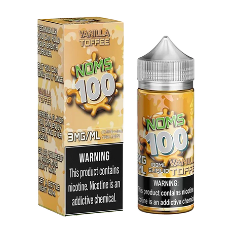 100mL bottle of NOMS 100 Vanilla Toffee E-Liquid with creamy vanilla and caramel dessert flavor.