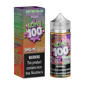 100mL bottle of NOMS 100 Watermelon Blackberry Plum E-Liquid with watermelon, blackberry, and plum flavors.