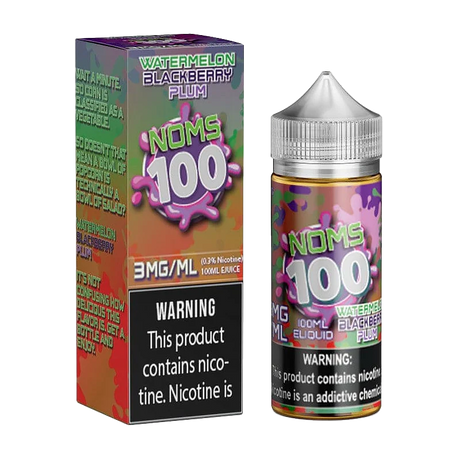 100mL bottle of NOMS 100 Watermelon Blackberry Plum E-Liquid with watermelon, blackberry, and plum flavors.