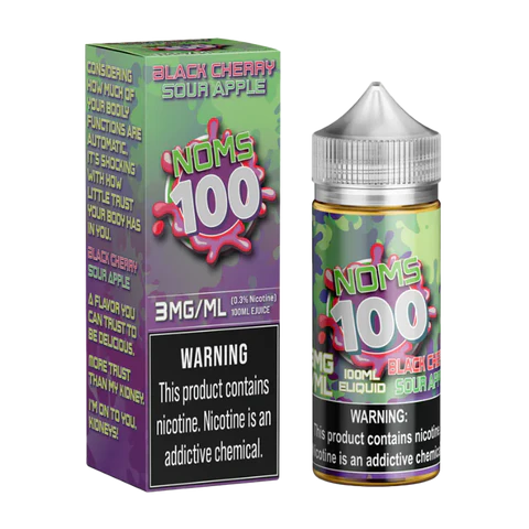 NOMS 100 Black Cherry Sour Apple 100ML e-liquid with sweet cherry and sour green apple flavor profile.