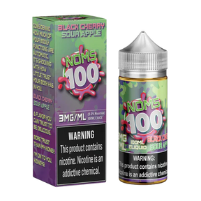 NOMS 100 Black Cherry Sour Apple 100ML e-liquid with sweet cherry and sour green apple flavor profile.