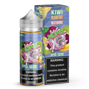 Bottle of NOMS X2 by Nomenon Kiwi Passion Fruit Nectarine 120mL E-Liquid featuring kiwi, passion fruit, and nectarine flavors.