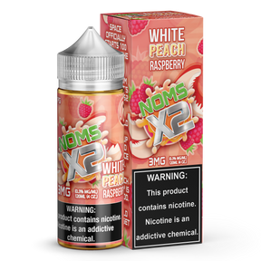 NOMS X2 by Nomenon 120mL E-Liquid bottle featuring white peach and raspberry flavors.