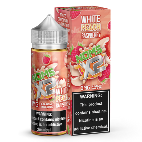 NOMS X2 by Nomenon 120mL E-Liquid bottle featuring white peach and raspberry flavors.
