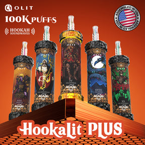 OLIT HookaLit PLUS 100K Disposable E-Hookah – up to 100,000 puffs, 1500mAh battery, LIT mesh coil, adjustable MTL/DTL airflow, ARGB lighting, and shisha sound. Assembled in USA.