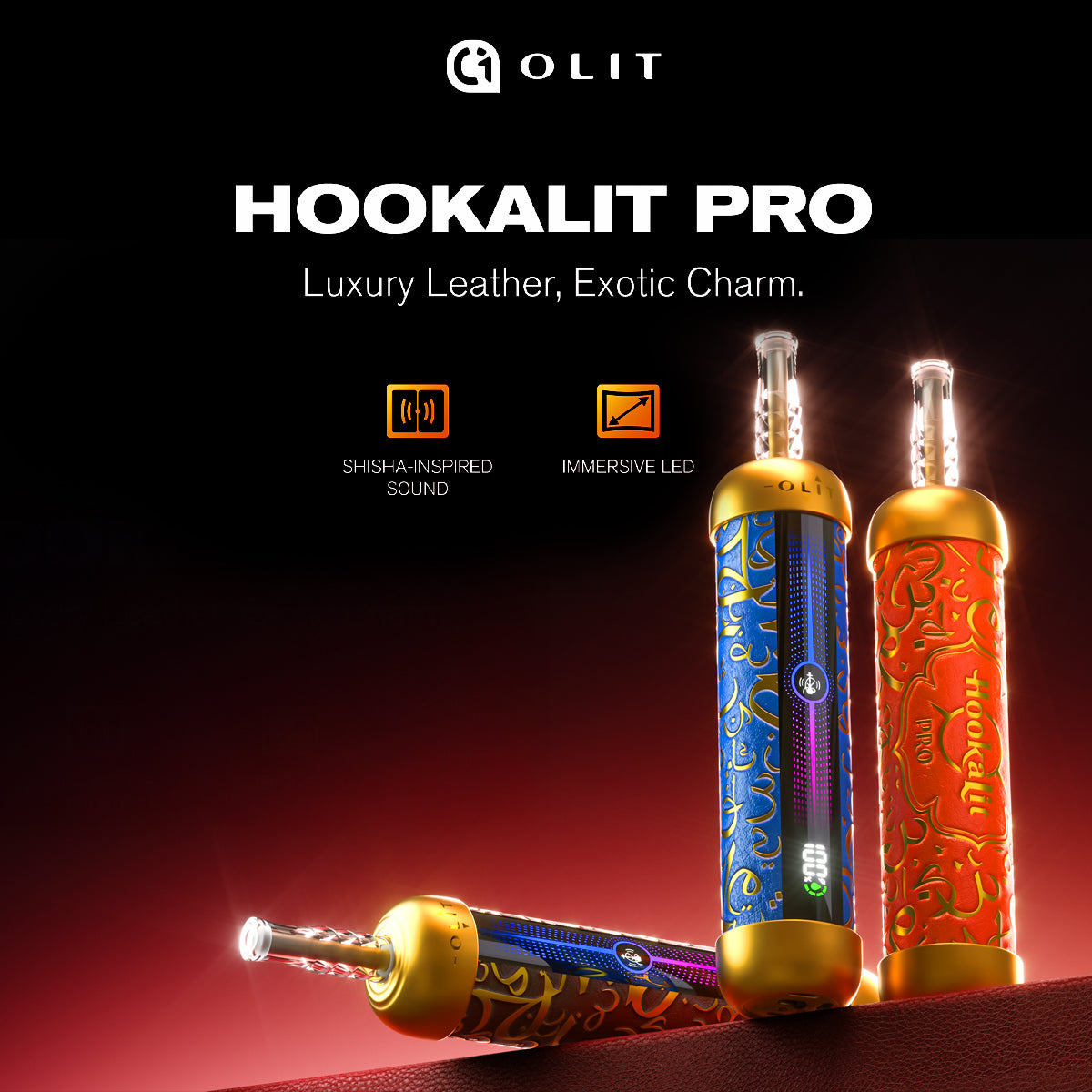 OLIT HookaLit Pro 60K Disposable E-Hookah – Leather-Wrapped Design, 60,000 Puff Capacity, LED Display, and Shisha Sound Effect.