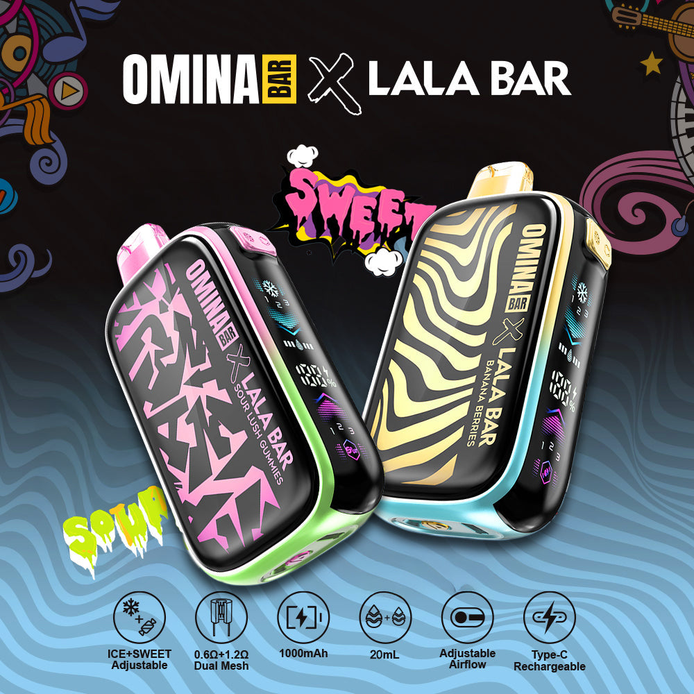 OMINA BAR x LALA BAR 40K – Disposable device with RGB screen and dual tank design.