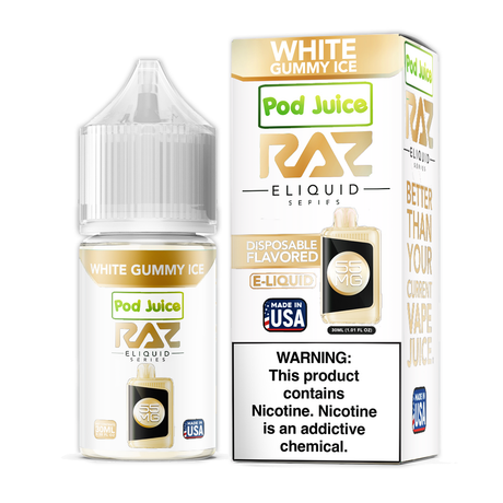 White Gummy Ice | Pod Juice x RAZ Salts | 30mL 55mg bottle with packaging