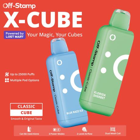 Off-Stamp X-CUBE Classic Cube Disposable Pod with 25,000 puffs, dual mesh coil, and adjustable airflow.