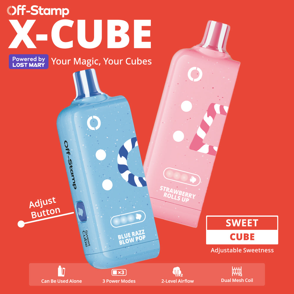Off-Stamp X-CUBE Sweet Cube 25K Disposable Pod Powered by Lost Mary – 25,000 Puffs and Adjustable Sweetness Control.