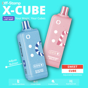 Two X-Cube devices, one blue and one pink, on a teal background with branding text.
