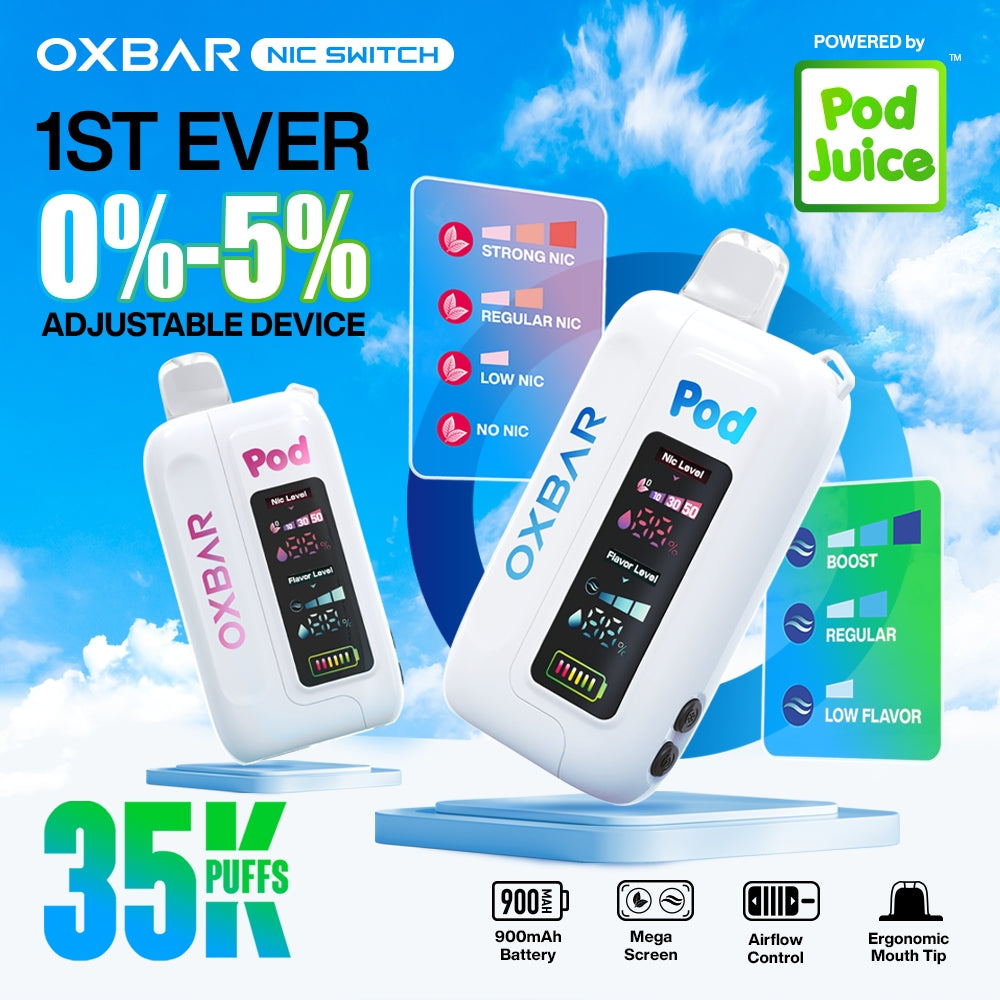 Oxbar x Pod Juice Nic-Switch 35K disposable device with adjustable nicotine level and display screen.