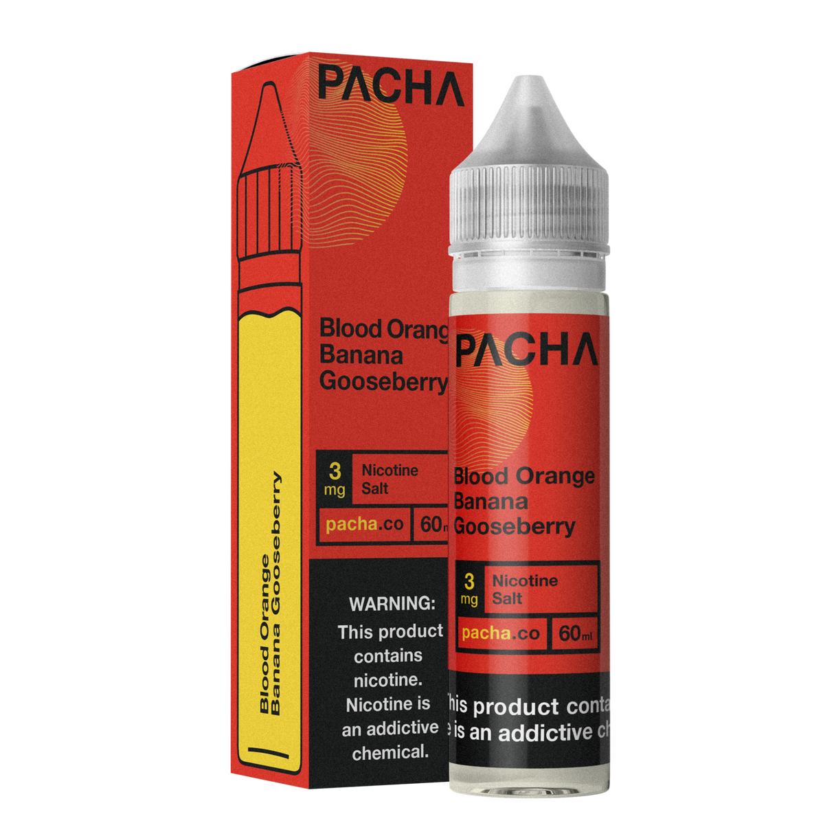 PACHAMAMA Blood Orange Banana Gooseberry 60ML E-Liquid bottle with blood oranges, bananas, and gooseberries in the background.