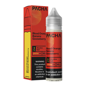 PACHAMAMA Blood Orange Banana Gooseberry 60ML E-Liquid bottle with blood oranges, bananas, and gooseberries in the background.