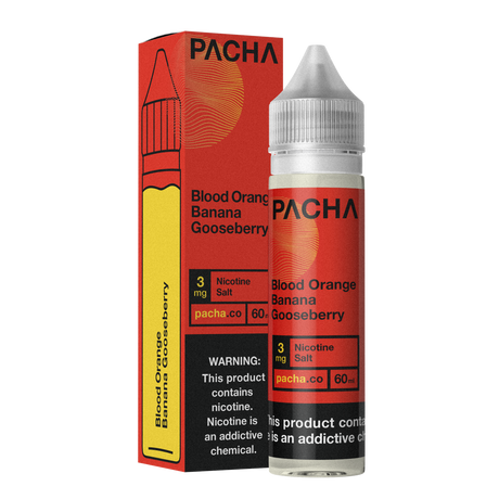 PACHAMAMA Blood Orange Banana Gooseberry 60ML E-Liquid bottle with blood oranges, bananas, and gooseberries in the background.