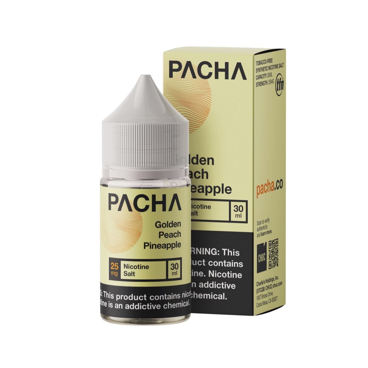 30mL bottle of PACHAMAMA Golden Peach Pineapple Nic Salt e-liquid with child-resistant cap.