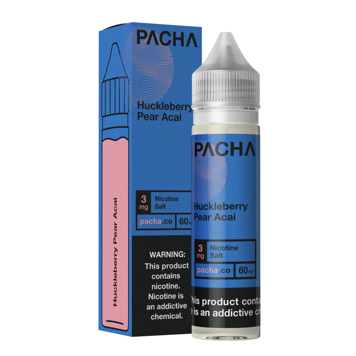 PACHAMAMA Huckleberry Pear Acai 60ML E-Liquid bottle with fresh berries and pear in the background.