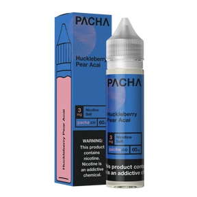 PACHAMAMA Huckleberry Pear Acai 60ML E-Liquid bottle with fresh berries and pear in the background.