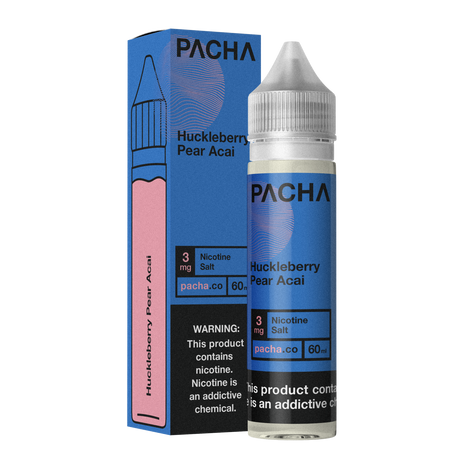 PACHAMAMA Huckleberry Pear Acai 60ML E-Liquid bottle with fresh berries and pear in the background.