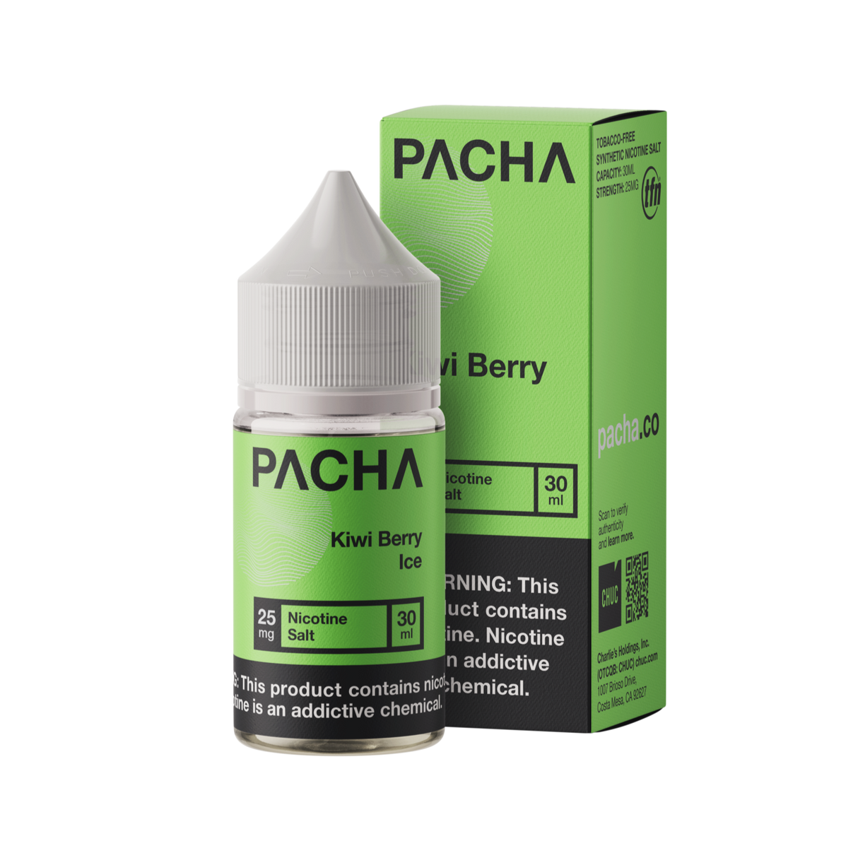 30mL bottle of PACHAMAMA Kiwi Berry Ice Nic Salt e-liquid with child-resistant cap.