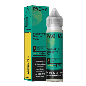 PACHAMAMA Passionfruit Raspberry Yuzu 60ML E-Liquid bottle with tropical fruits in the background.