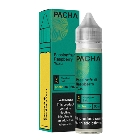 PACHAMAMA Passionfruit Raspberry Yuzu 60ML E-Liquid bottle with tropical fruits in the background.