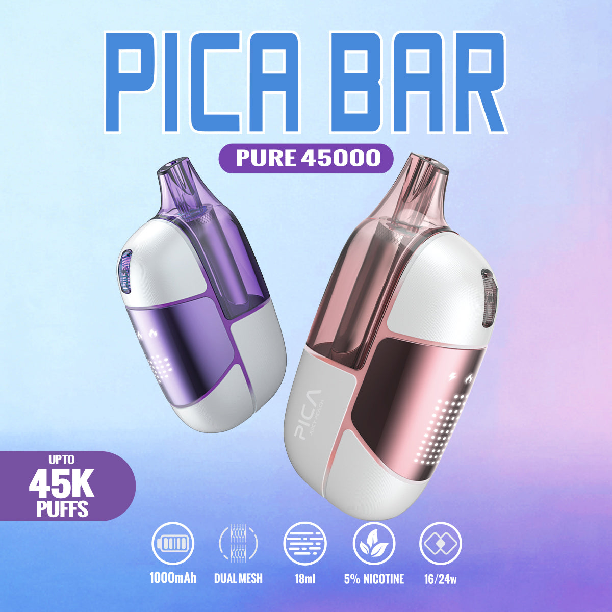 PICA BAR Pure 45K Disposable Device with Transparent Tank and Dual Mesh Coil