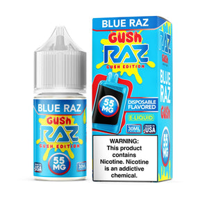 Pod Juice X RAZ Salt Blue Razz Gush 30mL E-Liquid Bottle with bold raspberry flavor design