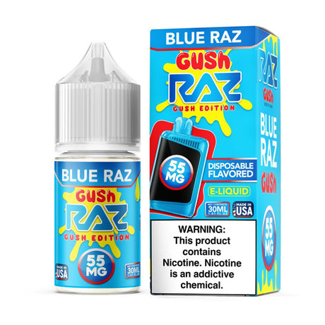 Pod Juice X RAZ Salt Blue Razz Gush 30mL E-Liquid Bottle with bold raspberry flavor design
