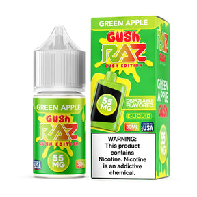Pod Juice X RAZ Salt Green Apple Gush 30mL E-Liquid Bottle with sour green apple candy flavor