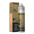 Bottle of Pachamama Peach Papaya Coconut Cream e-liquid with a tropical fruit background.