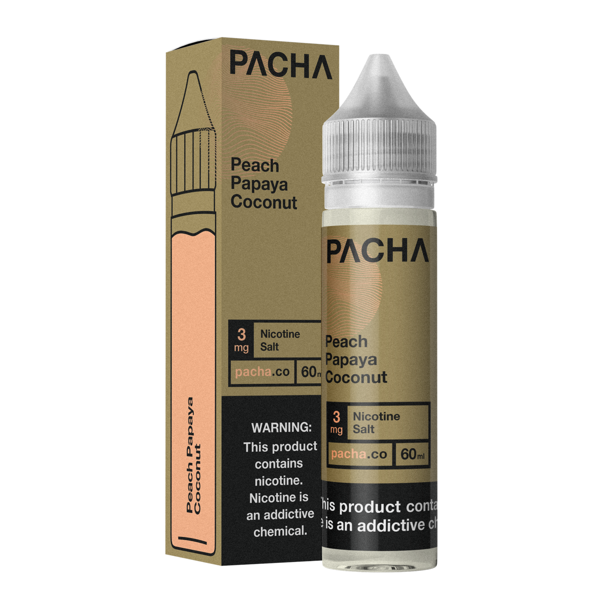 Bottle of Pachamama Peach Papaya Coconut Cream e-liquid with a tropical fruit background.