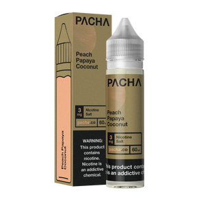 Bottle of Pachamama Peach Papaya Coconut Cream e-liquid with a tropical fruit background.