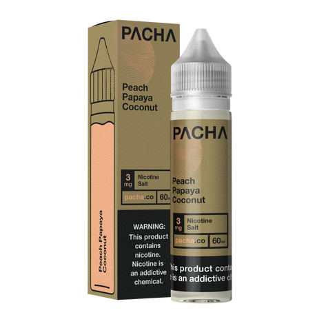 Bottle of Pachamama Peach Papaya Coconut Cream e-liquid with a tropical fruit background.