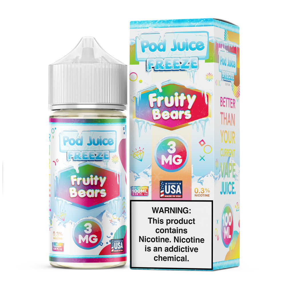 Pod Juice FREEZE Fruity Bears 100ML e-liquid with fruity gummy candy and icy menthol flavor profile.